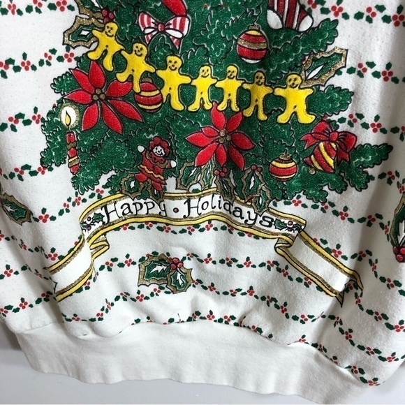 Vintage Christmas Tree Ringer Neck Sweatshirt Large 90s Jane Colby White Green - Picture 2 of 9
